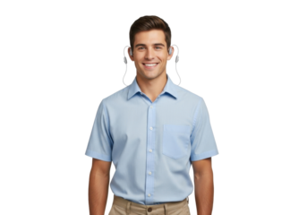 Smiling Young Man in Casual Shirt Wearing Headphones in Portrait Setting with Transparent Background