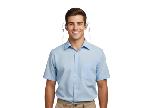 Smiling Young Man in Casual Shirt Wearing Headphones in Portrait Setting with Transparent Background