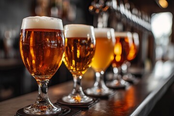 Glasses of craft beer on bar counter with foam and golden color symbolizing brewery, pub culture, relaxation, and social enjoyment