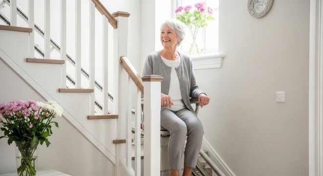 A cheerful senior woman enjoys independence and mobility, smiling while using a stairlift at home - Powered by Adobe