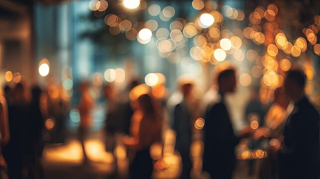 Blurred motion shot of business people networking at office party with warm bokeh lighting and soft focus background creating a friendly social atmosphere and professional corporate event ambience