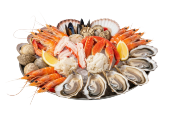 Exquisite Seafood Platter Featuring Fresh Shrimp, Oysters, Crab, and Scallops with Lemons on Ice