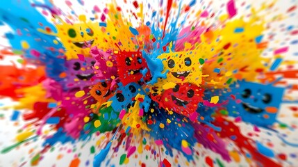 Colorful splash with smiling shapes and confetti