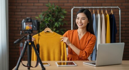 Young Asian female blogger live streaming and reviewing fashion clothing for her online shop business