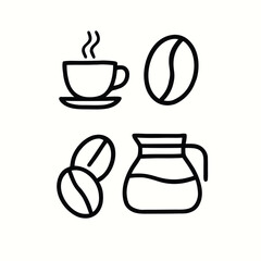 Coffee Cup, Beans, and Pot Icon Set Vector Illustration