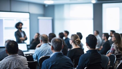 Fototapeta premium Presenter Presenting on Stage at Conference Meeting. Professional Lecture. Blurred De-focused Unidentifiable Presenter and Audience. Corporate Executive Manager Speaker. People Attendees