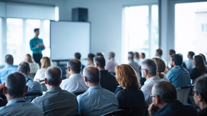 Presenter Presenting on Stage at Conference Meeting. Professional Lecture. Blurred De-focused Unidentifiable Presenter and Audience. Corporate Executive Manager Speaker. People Attendees