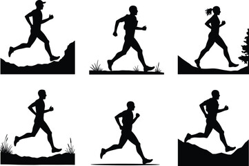 Silhouette of people running outdoors, trail running, fitness, endurance, jogging, nature exercise, healthy lifestyle, active workout, men and women running.
