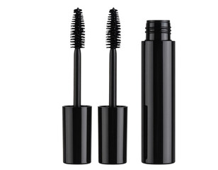  Glossy Black Mascara Wand with Curved Brush and Open Tube, Front View, Isolated PNG