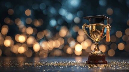 Golden trophy cup symbolizing academic achievement and success in education awards, celebrating university graduation, student excellence, and scholarly recognition against a festive bokeh background