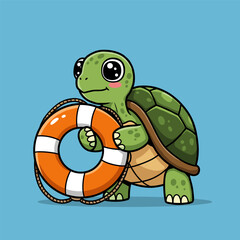 Cartoon turtle with life preserver, blushing and smiling on blue background.