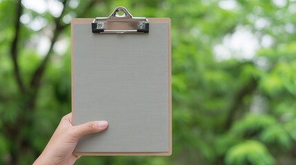 Hand Holding Wooden Clipboard with Light - colored Writing Pad in Green Outdoor Setting