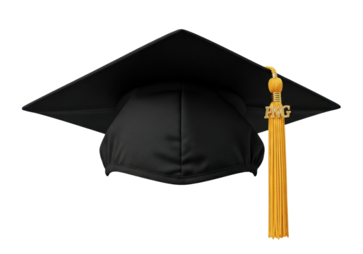 Black Graduation Cap with Gold Tassel on a Transparent Background