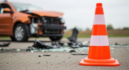 Accident Scene A Damaged Car and Traffic Cone Depicting the Aftermath of a Road Collision