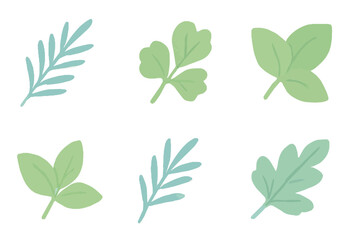 Collection of stylized green and teal leaf illustrations.
