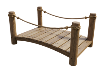 Wooden bridge with rope railings, perfect for serene landscapes and tranquil outdoor scenes