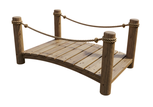 Wooden bridge with rope railings, perfect for serene landscapes and tranquil outdoor scenes