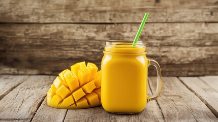 Fresh mango smoothie in mason jar with straw and diced ripe mango on rustic wooden table