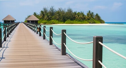 Obraz premium Serene vacation scene with a wooden jetty over crystal clear water leading to a tropical island with bungalows