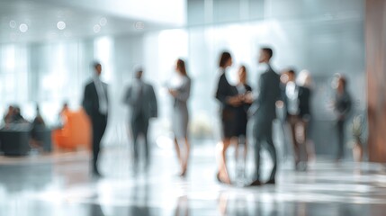 Blurred image of business people talking in modern office lobby with copy space, corporate teamwork and professional communication concept for workplace collaboration, leadership, and company culture 
