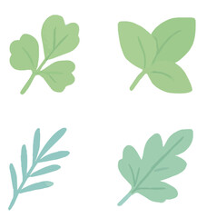 Simple, stylized leaf illustrations in green tones.