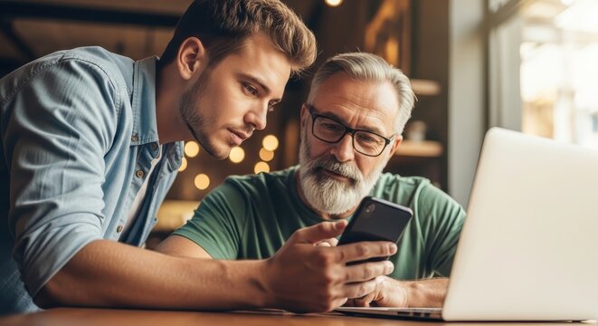 Young man assisting an older gentleman with his smartphone, demonstrating app usage or online tasks at a coffee shop