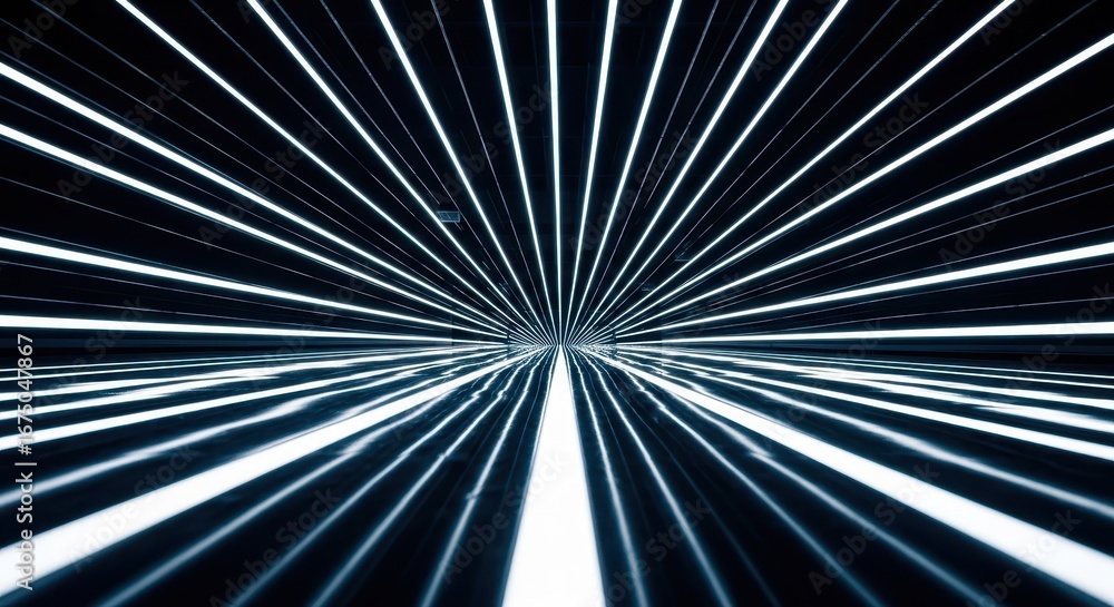 Poster an abstract perspective view of a futuristic runway with bright converging lines of illuminated whit