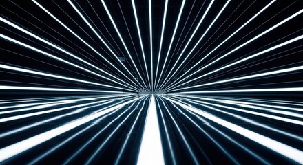 An abstract perspective view of a futuristic runway with bright converging lines of illuminated white light