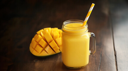 Fresh mango smoothie in mason jar with straw and diced ripe mango on rustic wooden table