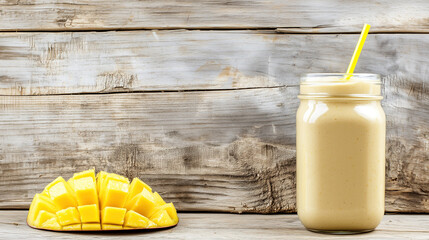 Fresh mango smoothie in mason jar with straw and diced ripe mango on rustic wooden table