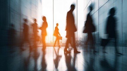 Blurred silhouettes of businesspeople walking in bright modern office hallway with motion blur effect, professional corporate setting with soft lighting and abstract bokeh background depicting teamwor