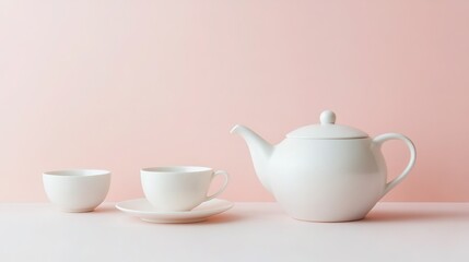 Elegant White Tea Set with Teapot, Cup and Bowl Against Light Pink Background