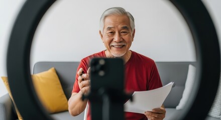 A vibrant elderly Asian man sharing his wisdom, beaming into a smartphone camera framed by a glowing ring light