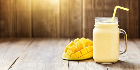 Fresh mango smoothie in mason jar with straw and diced ripe mango on rustic wooden table