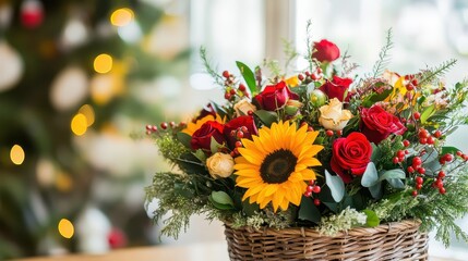 Vibrant Flower Arrangement with Sunflowers and Red Roses in Basket