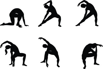 Yoga stretching poses, silhouette of flexible woman, fitness exercise routine, body flexibility, meditation, balance, wellness, health, indoor workout, calm and focus