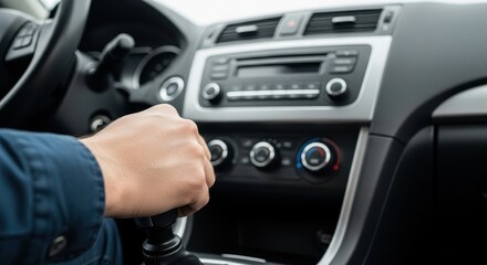 Fototapeta premium Hand Shifting Gear Stick In Car Driving Control, Automotive Interior