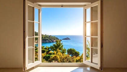 Open window reveals a sunny coastal view, calm sea, and lush green vegetation