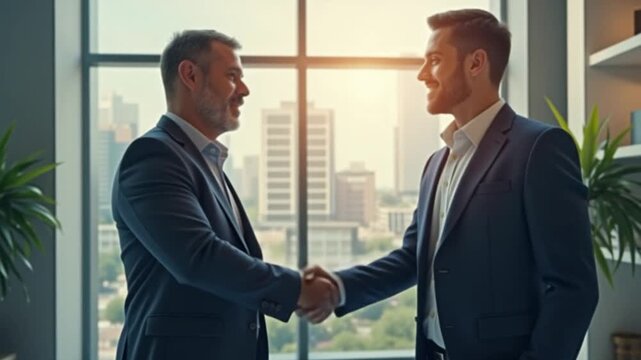 Businessmen making handshake with partner, greeting, dealing, merger and acquisition, business cooperation concept, joint venture, copy space for business, finance and investment background