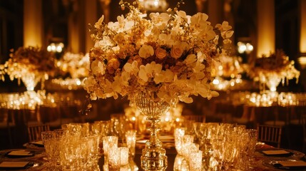 Obraz premium Elegant floral arrangement in a luxurious banquet hall setting