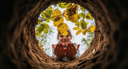 Child Glimpsed from Earth's Core, with Fallen Leaves & Cupped Hands under Sky