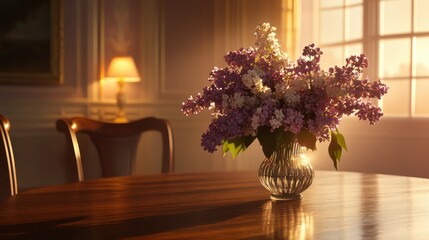 Fototapeta premium Elegant Floral Arrangement with Lilacs and Sunlight in Room