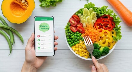Healthy eating and calorie counting concept Person using a mobile app for diet tracking next to a fresh salad