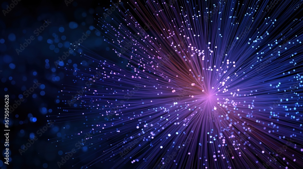 Poster dynamic colorful light streams creating intricate cyber pattern emanating from center on black, repr