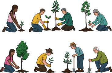 Diverse people planting trees, environmental conservation teamwork, eco-friendly gardening activity, reforestation illustration promoting sustainability, green lifestyle and nature care.