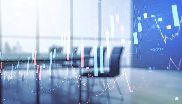 Abstract business meeting with overlaid stock charts