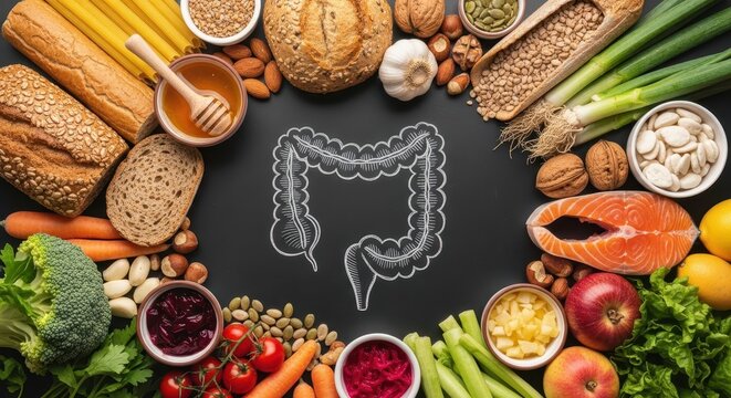 Balanced Nutrition for a Healthy Digestive System Overhead View of Wholesome Foods with Colon Diagram
