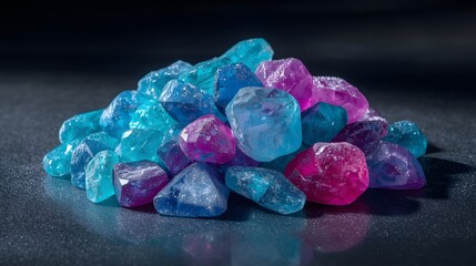 Vibrant pile of colorful raw gemstones in striking shades of blue, purple, and pink on dark background, symbolizing luxury, energy, beauty, and natural crystal mineral formations