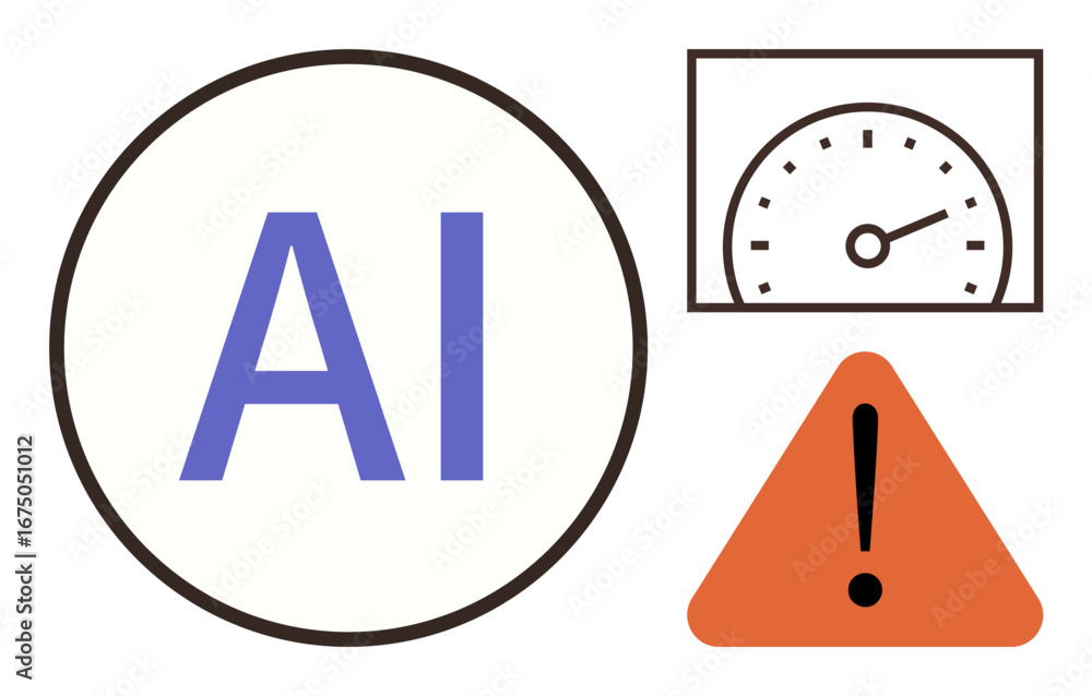 Poster ai text in circle, speed gauge, and warning triangle highlight ai performance, decision-making, and 