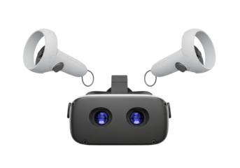 Virtual Reality Headset with Two Motion Controllers and Blue Display in a Transparent Background